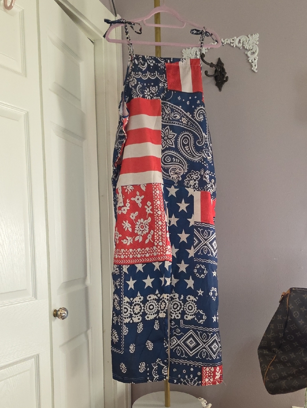 Women's Red, White & Blue Americana Patchwork Boho 4th Of July Romper Overalls